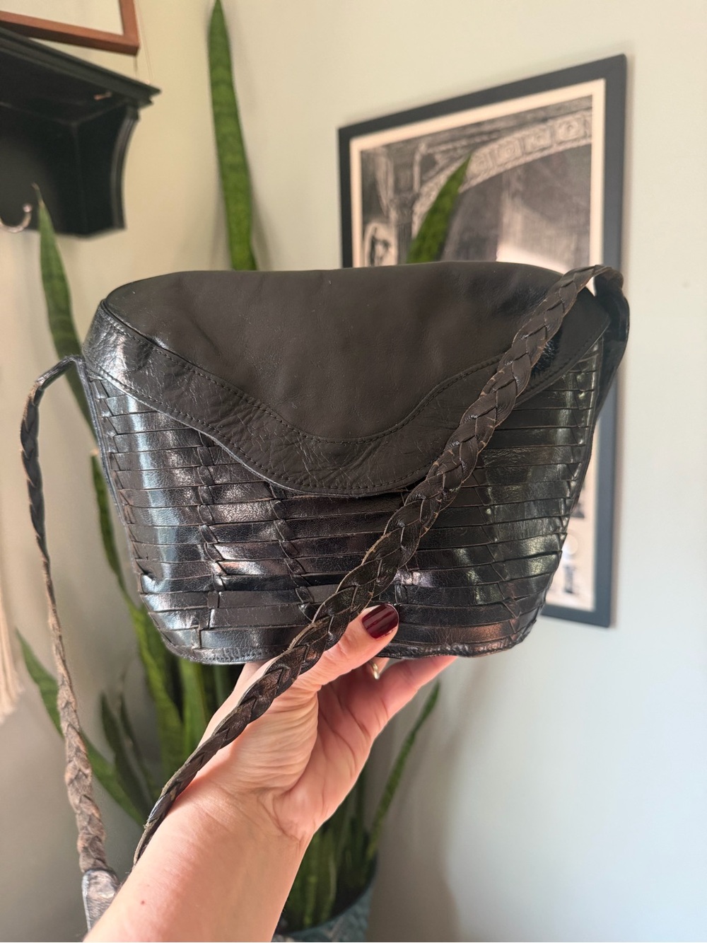 VTG 80s Henri Bendel Italian Leather Black Woven Crossbody Boho Bag